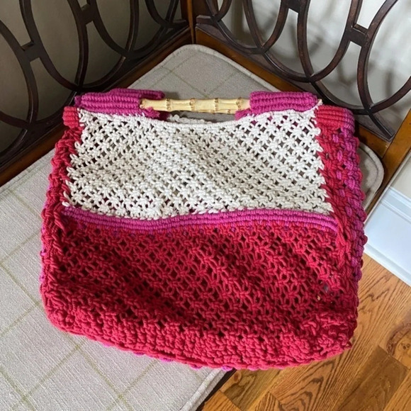 NWOT Free People Macrame Pink and White Tote - Picture 1 of 8